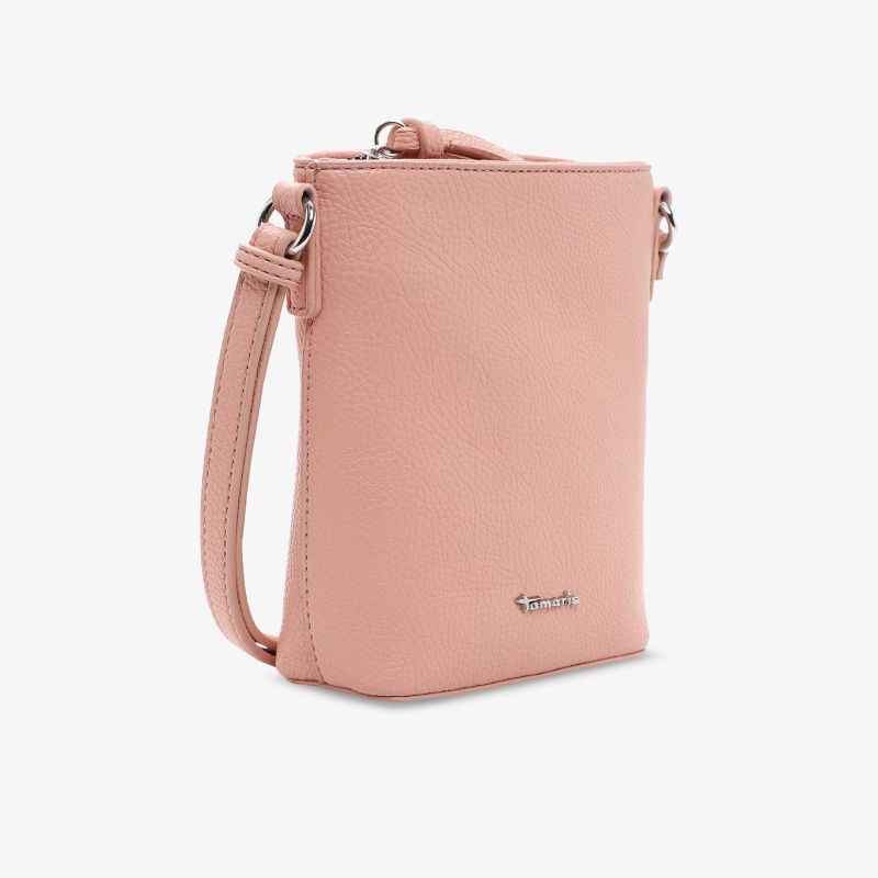 Kompakte rosa Umhängetasche mit verstellbarem Riemen in schräger Vorderansicht zeigt elegantes Design