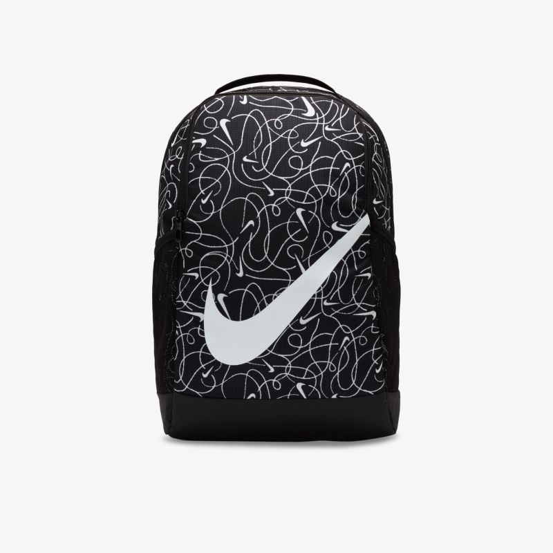 Moderner schwarzer Rucksack mit dynamischem Muster und ikonischem Logo, ideal für Alltag und Freizeitaktivitäten.