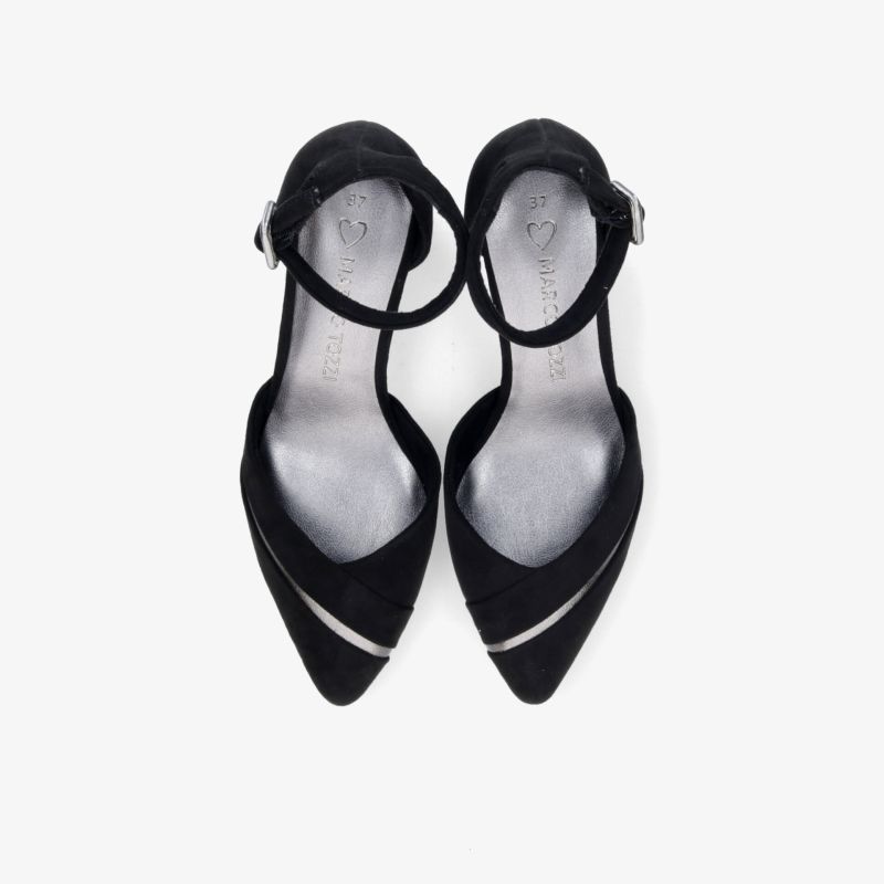 Elegantes schwarzes Pumps-Paar mit spitz zulaufender Zehenpartie und verstellbarem Riemen, hochwertige Verarbeitung