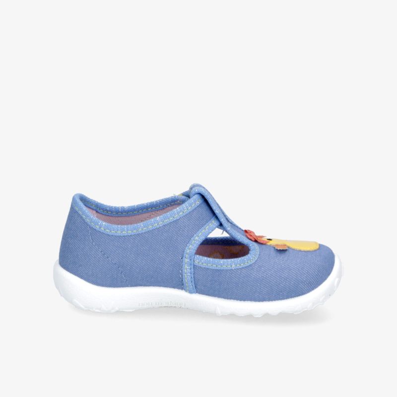Bequemer blauer Kinderhausschuh mit weicher, leichter Sohle und elastischem Bund, verziert mit einem lustigen Schneckenmotiv.