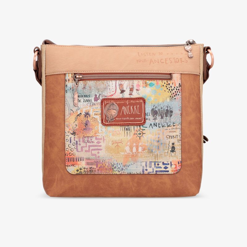 Stilvolle Schultertasche mit farbenfrohem Reisemotiv und praktischer Vordertasche, ideal für jeden Anlass.