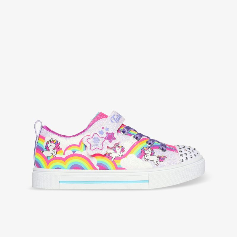 Bunter Kinderschuh mit Einhorn und Regenbogenmuster, Klettverschluss und sportlicher weißer Sohle