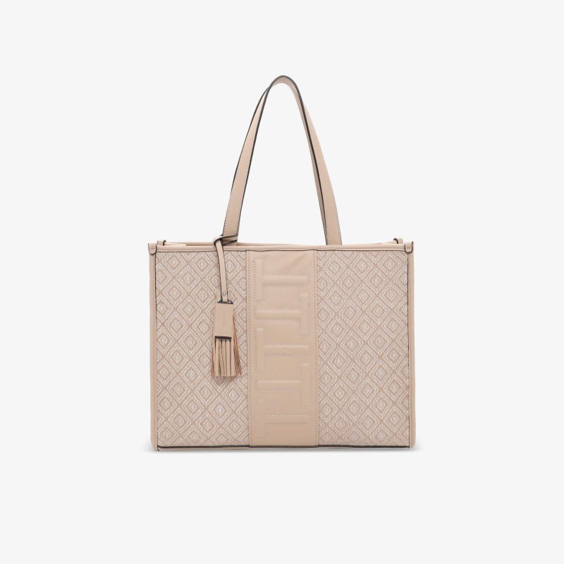 Elegante beige Tasche in Lederoptik mit Quaste, ideal für Alltag und Büro, geräumig und stilvoll.