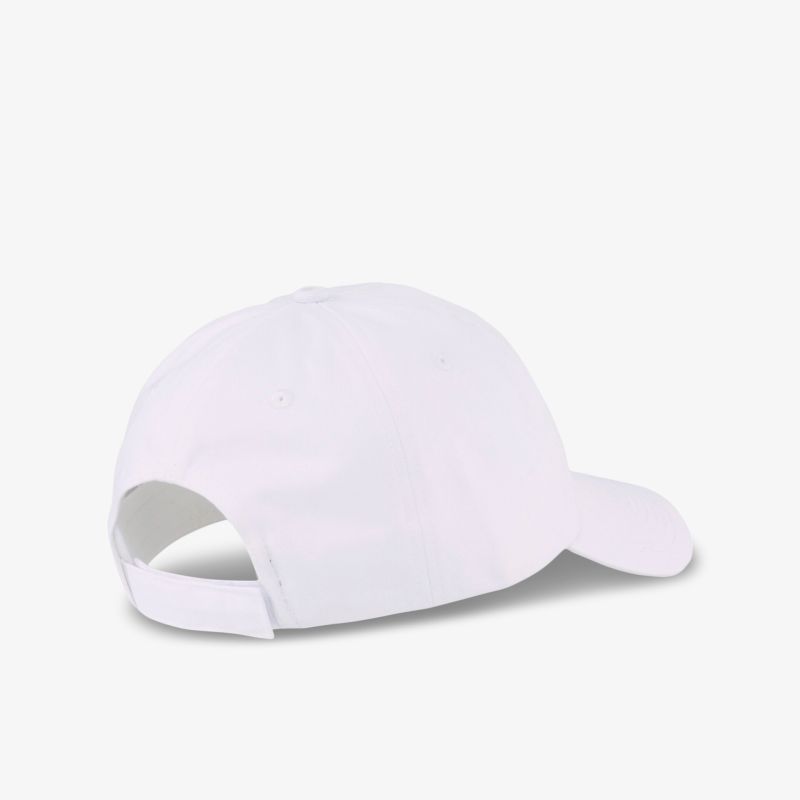 Weiße Basecap mit verstellbarem Verschluss, ideal für vielseitige Einsatzmöglichkeiten.