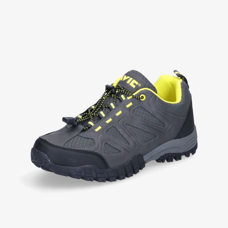 Grauer Wanderschuh mit gelben Details und griffiger Sohle, ideal für Outdoor-Aktivitäten.