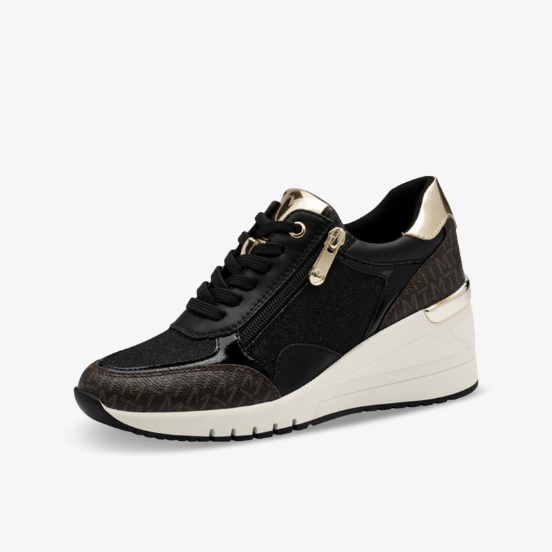 Moderner schwarzer Wedgesneaker mit beigem Absatz, Reißverschluss und komfortabler Sohle für den Alltag