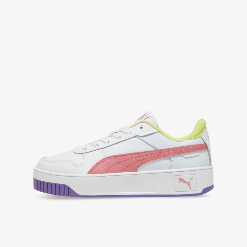 Moderner weißer Sneaker mit rosa Details und lila Sohle, bequem und robust, sportliches Design in klarer Seitenansicht
