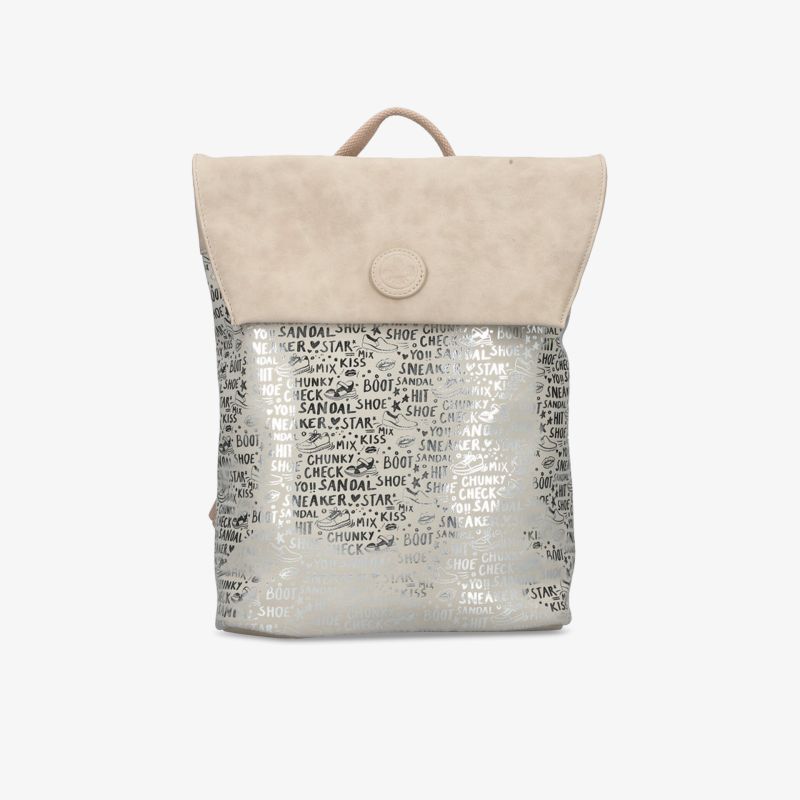 Moderner, glänzender Rucksack in Silber mit beigem oberen Teil, stilvoll und geräumig für den Alltag