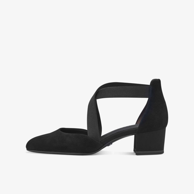 Schwarzer Schuh mit Riemchendesign und mittelhohem Absatz, eleganter und bequemer Schuh für vielseitige Anlässe