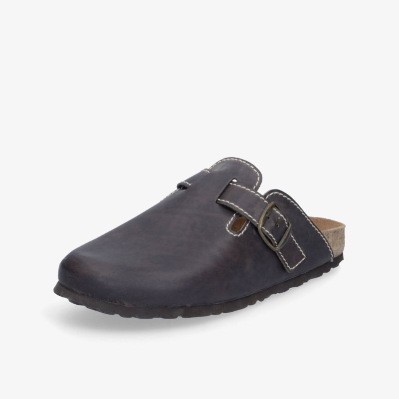 Bequemer Clog aus Leder mit ergonomischem Fußbett und verstellbarem Riemen für optimalen Halt.