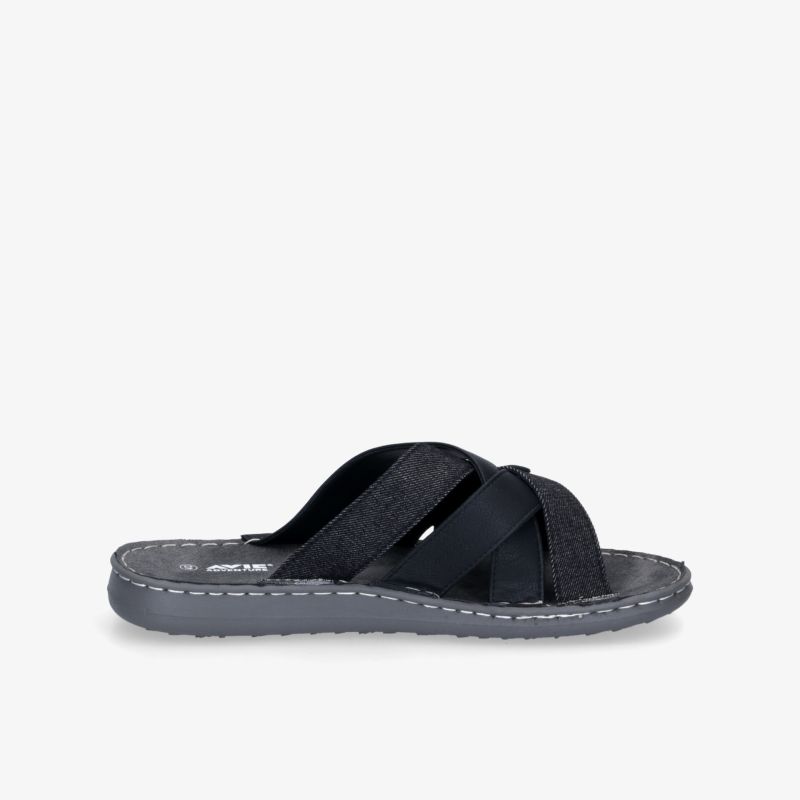 Elegante schwarze Sandale mit überkreuzten Riemen und grauer Sohle für maximalen Komfort und Stil.