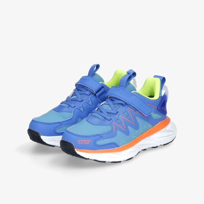 Leichtes, atmungsaktives Sportschuh-Paar in Blau mit orangefarbener Sohle und komfortabler Polsterung