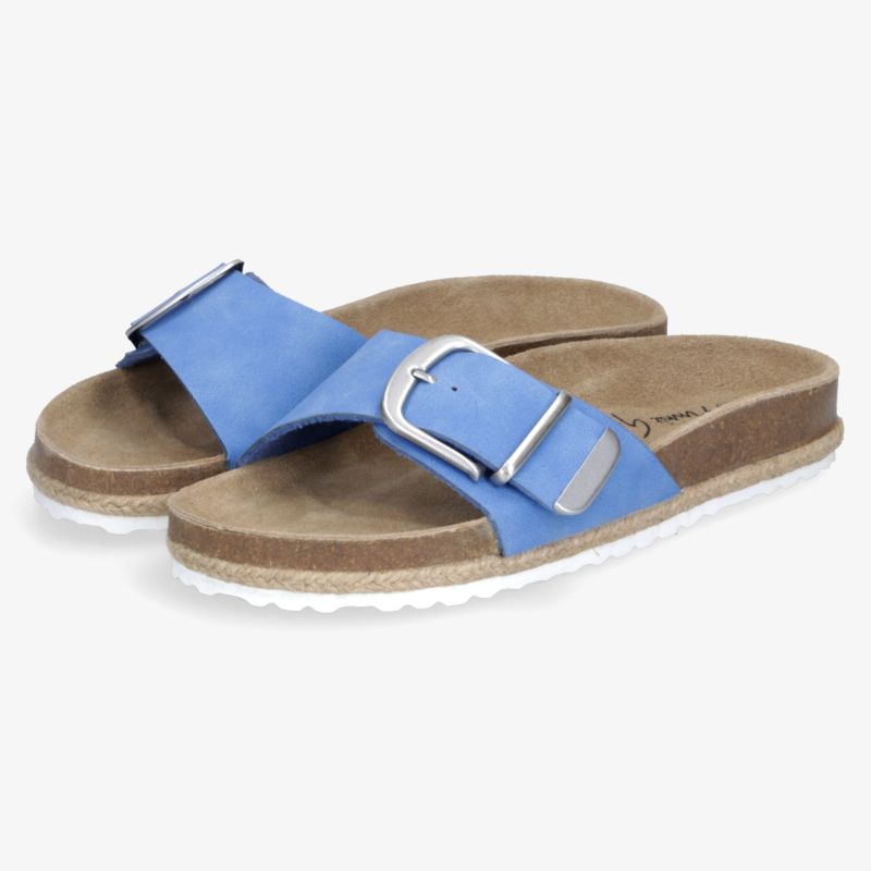Bequeme blaue Pantolette mit verstellbarem Riemen und rutschfester Sohle für angenehmen Tragekomfort