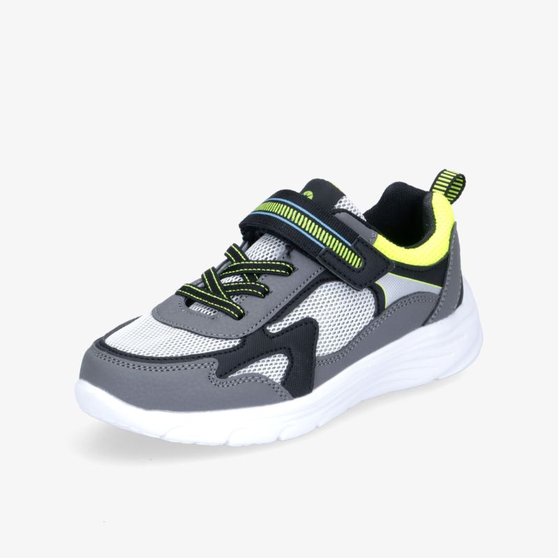 Grauer Sneaker mit neongelben Akzenten, Klettverschluss und atmungsaktiven Mesh-Einsätzen für optimalen Tragekomfort.