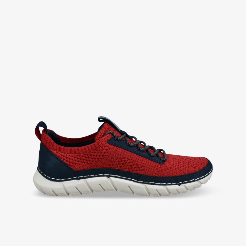 Roter und dunkler Sportschuh mit atmungsaktivem Material und flexibler, stoßdämpfender weißer Sohle seitlich