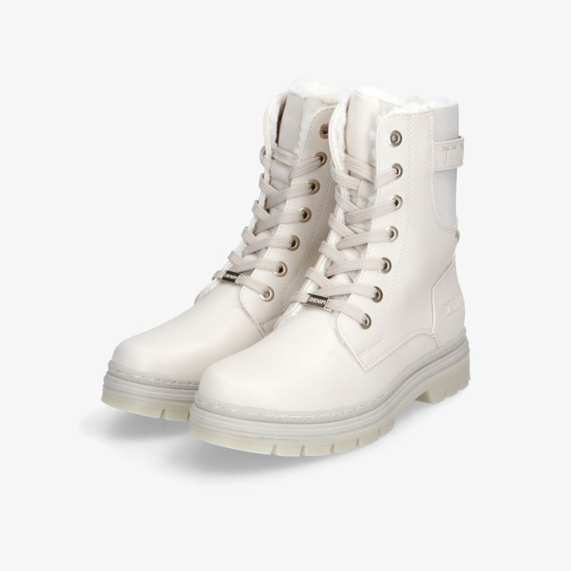 Robuste weiße Biker Boots im Paar mit Schnürung, gepolstertem Schaft und rutschfester Sohle für sicheren Halt