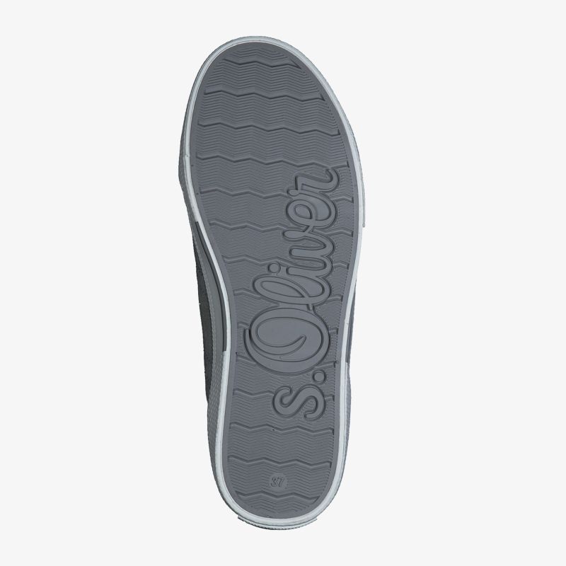 Graue Sohlensicht eines modernen Sneakers mit rutschfestem Profil und eingearbeitetem Markenlogo.