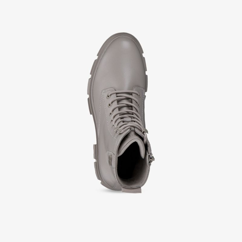 Moderner grauer Schnürstiefel mit robuster Sohle und elegantem Design für vielseitige Looks.