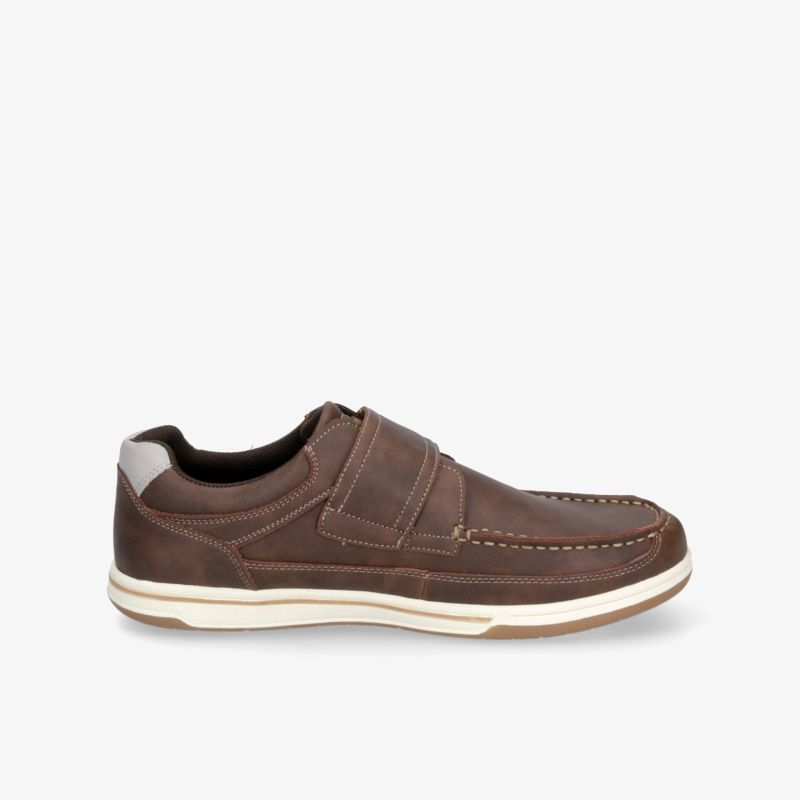 Brauner Lederschuh mit Klettverschluss und leichter Sohle, sportlich und komfortabel für den Alltag