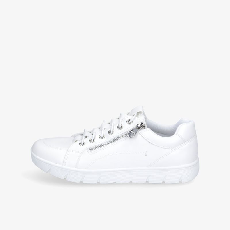 Moderner weißer Sneaker seitlich mit bequemer Passform und flexibler, rutschfester Sohle für vielseitigen Einsatz