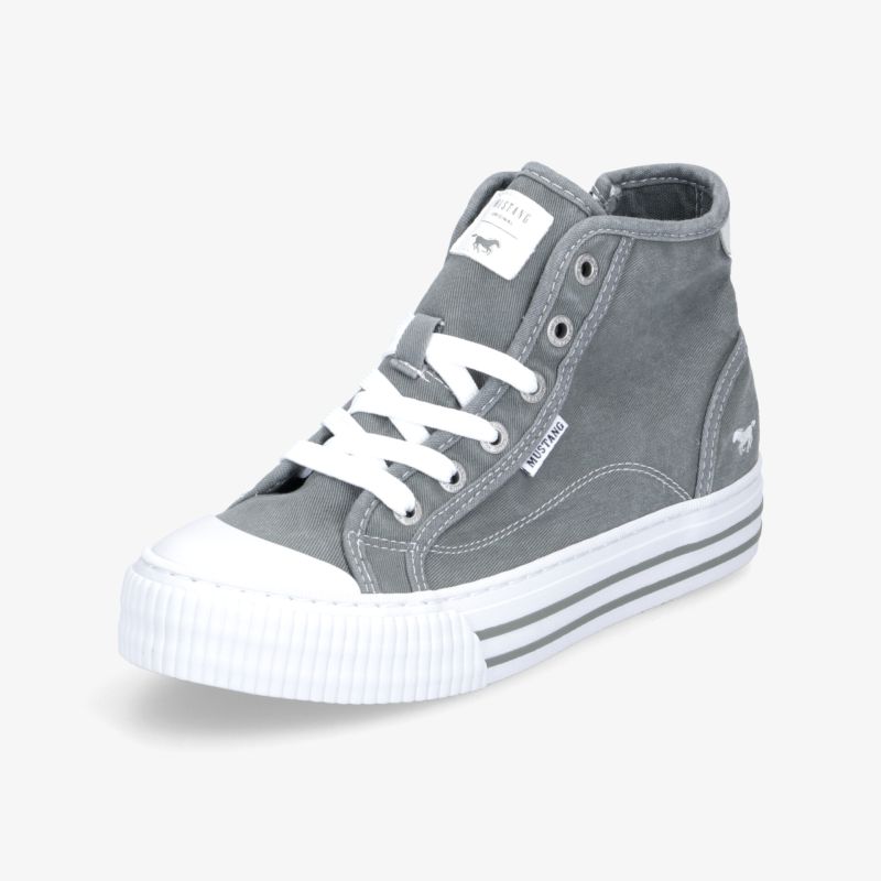 Grauer High-Top-Sneaker mit weißer Sohle und Schnürung für sportliche Alltagstauglichkeit.