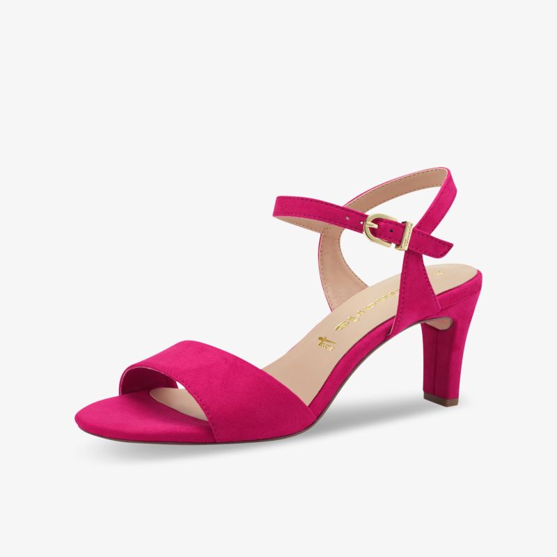 Elegante pinke Sandale mit Blockabsatz und verstellbarem Riemen für optimalen Tragekomfort.