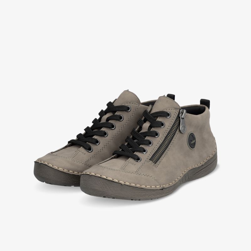 Graue bequeme Freizeitschuhe mit Schnürung und seitlichem Reißverschluss, flexible Sohle, modernes Design