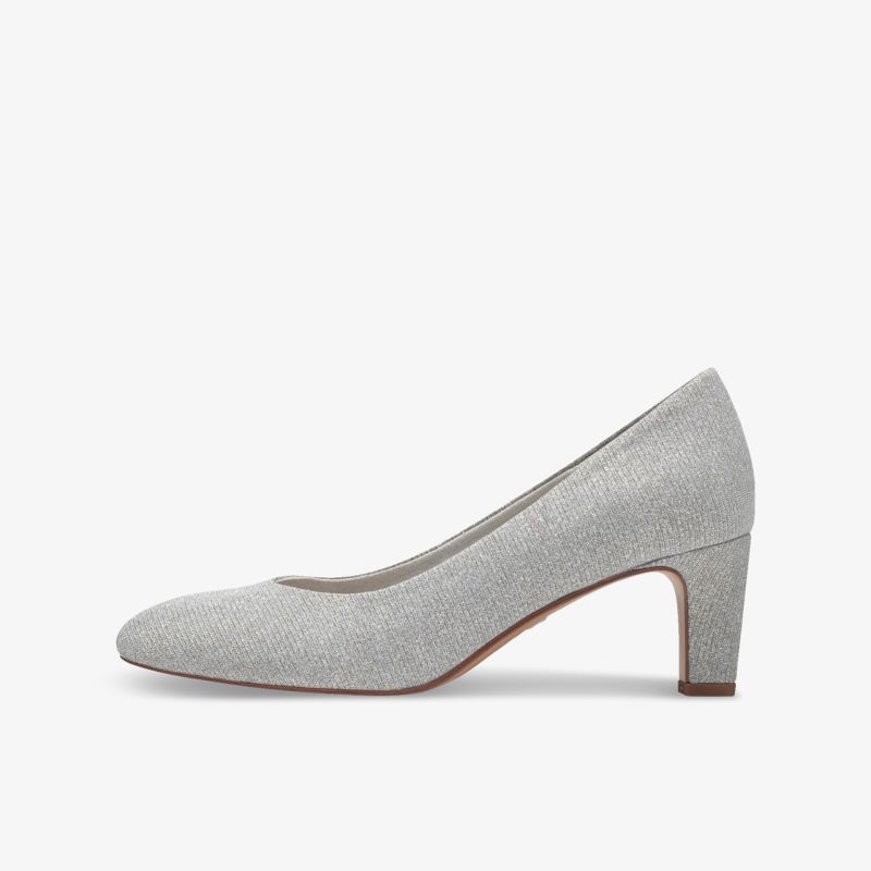 Eleganter grauer Pumps mit mittelhohem Absatz in klarer seitlicher Ansicht, stilvoll und komfortabel