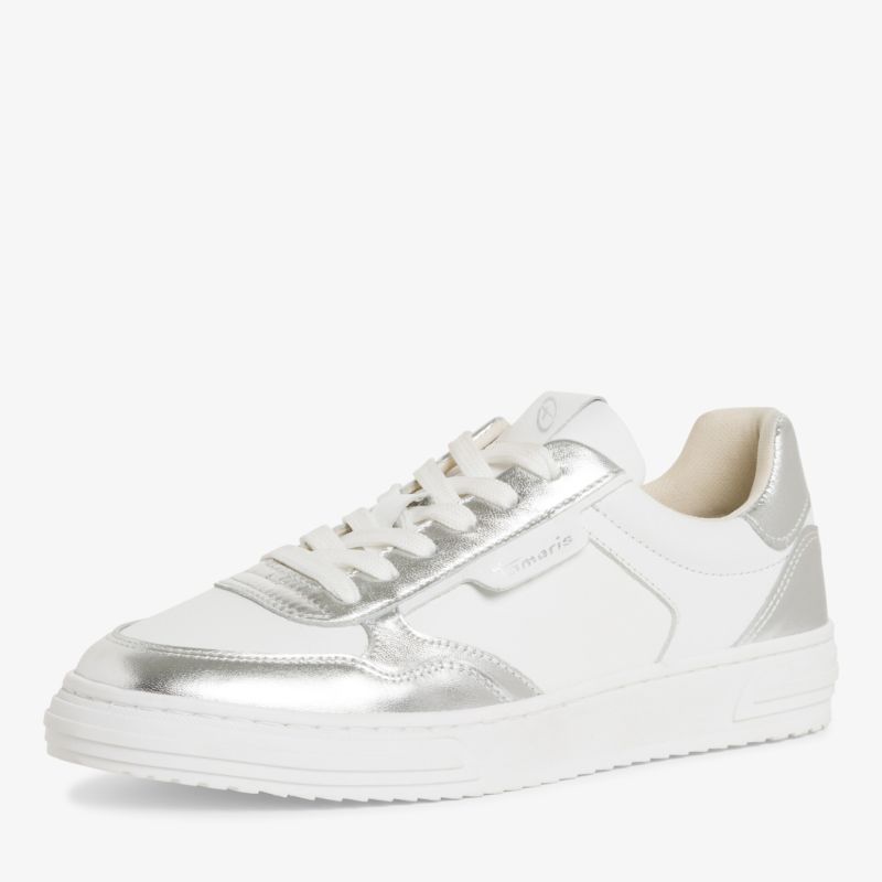 Moderner weißer Sneaker mit silbernen Akzenten, sportlich und komfortabel, ideal für den Alltag