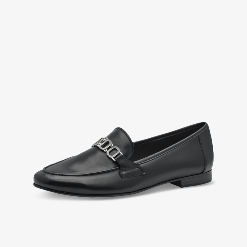 Eleganter schwarzer Loafer aus hochwertigem Leder mit silberner Metallverzierung und komfortabler Sohle