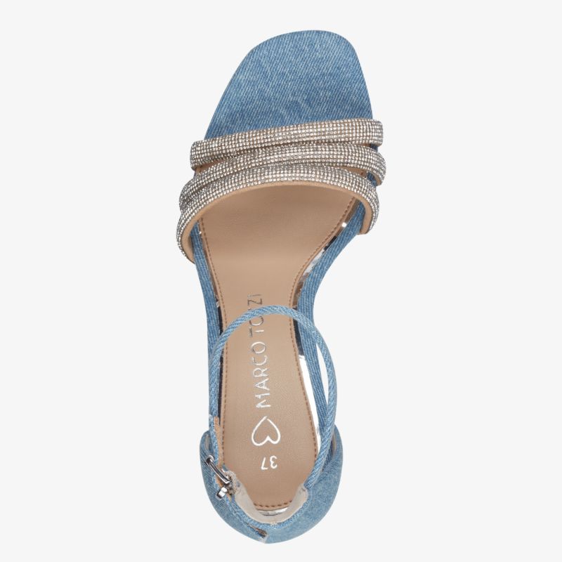 Elegante blaue Sandale mit funkelnden Strassriemen und komfortablem Absatz für stilvollen Auftritt