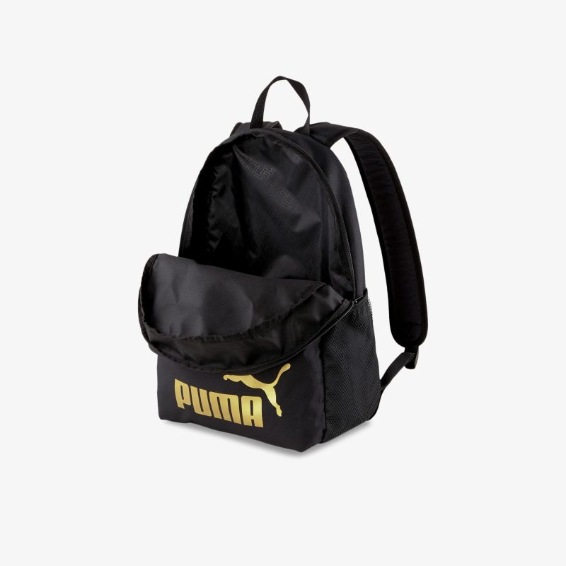 Schwarzer sportlicher Puma-Rucksack mit goldfarbenem Logo, funktionaler und robuster Alltagsbegleiter