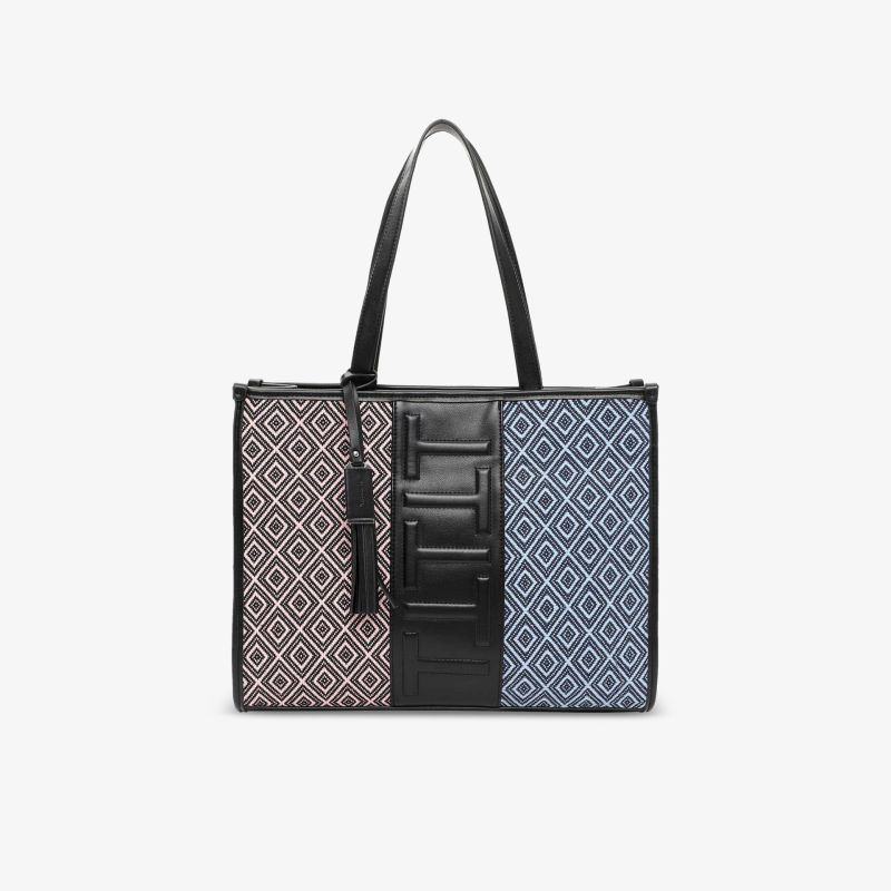 Elegante zweifarbige Handtasche mit geometrischem Muster und robusten Lederakzenten.