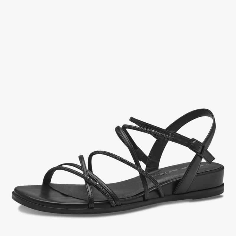 Schwarze elegante Sandale mit verstellbaren Riemen, bequemem Fußbett und rutschfester Sohle, perfekt für den Sommer