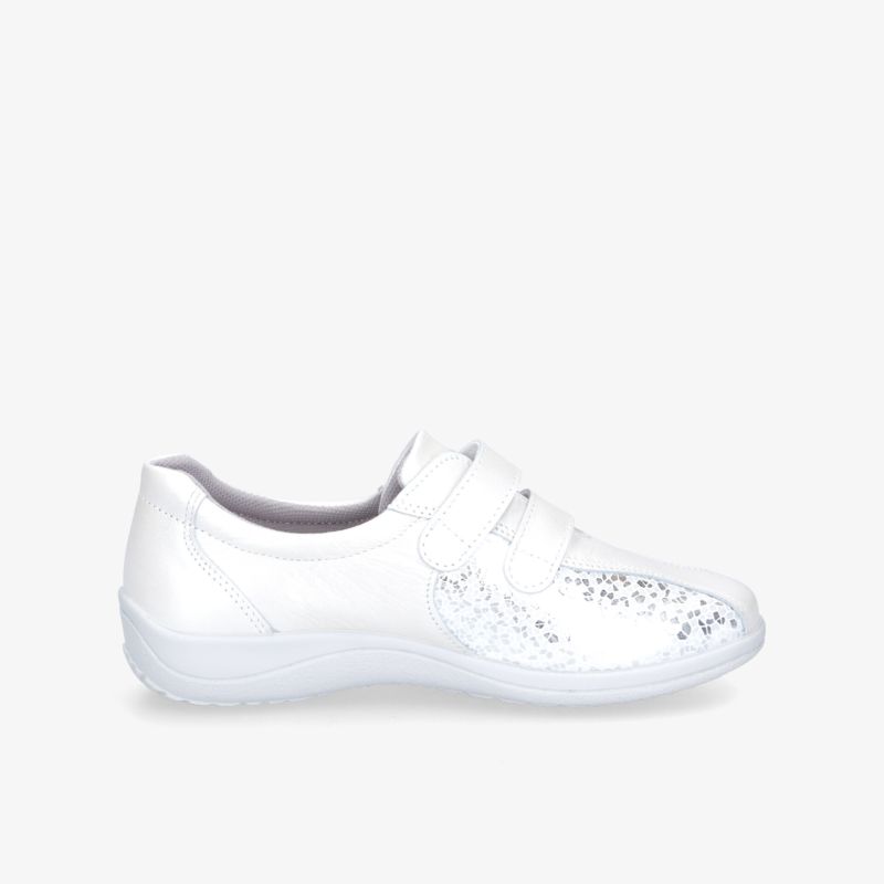 Eleganter, weißer Schuh mit Klettverschluss und glamourösen Glitzerdetails für optimalen Komfort und Stil.