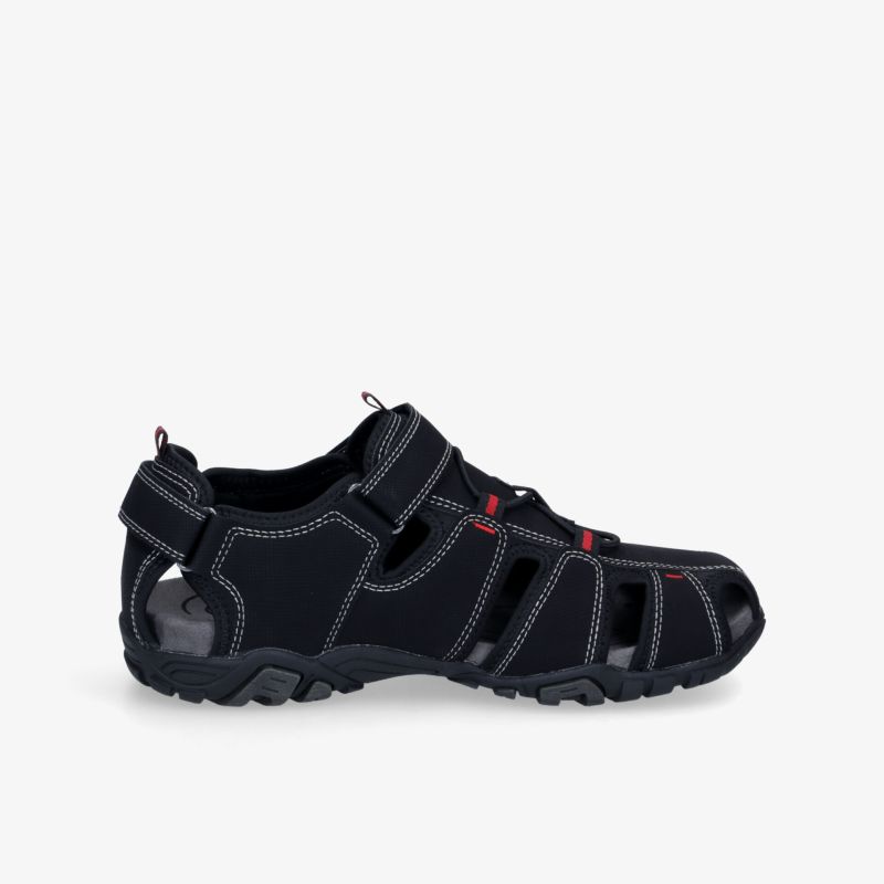 Langlebige schwarze Sandale mit verstellbaren Riemen und robuster Sohle. Perfekt für Outdoor Abenteuer.