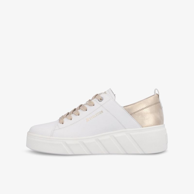 Trendiger weißer Sneaker mit goldenen Details und komfortabler Plateau-Sohle für einen modischen Auftritt.