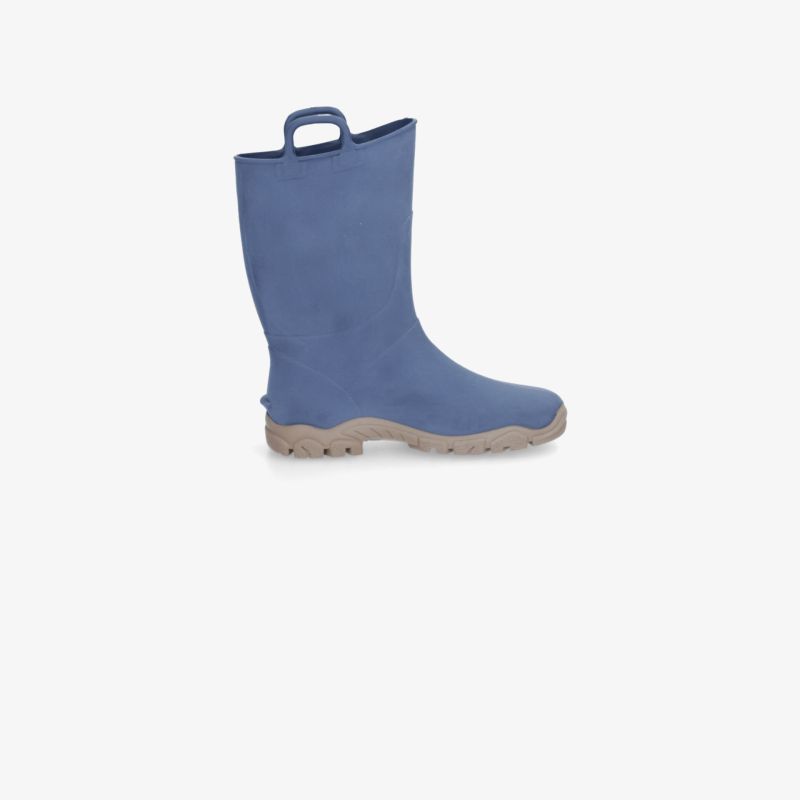 Blauer Gummistiefel mit rutschfester Sohle und praktischer Schlaufe für einfaches Anziehen, wetterfest und robust