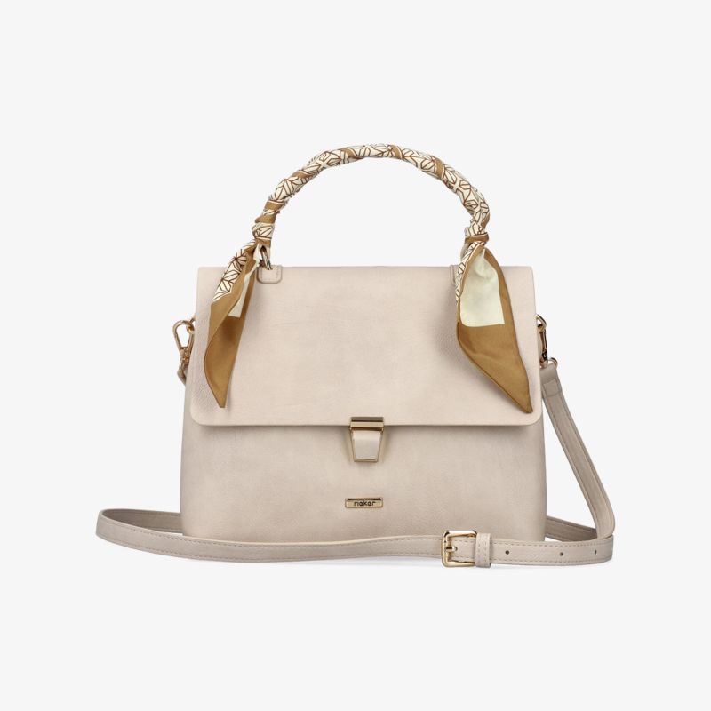 Elegante beige Handtasche mit geflochtenem Griff und abnehmbarem Schulterriemen für vielseitigen Einsatz.