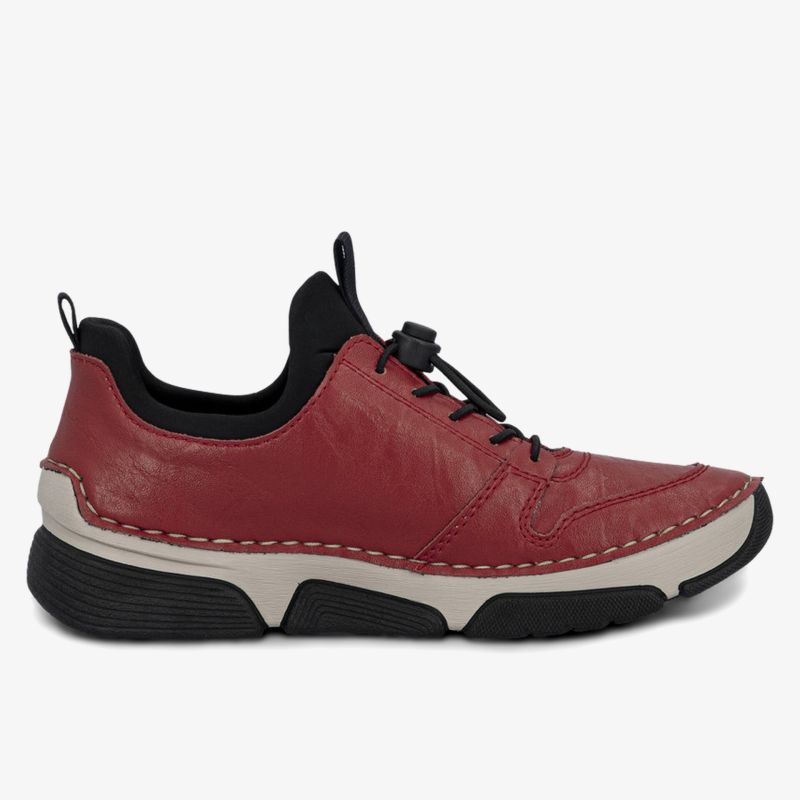 Bequemer roter Schuh mit kontrastreicher Sohle und Schnellschnürsystem für einen sicheren Halt