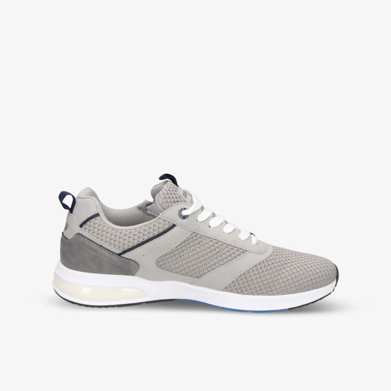 Grauer Sneaker mit weißer Sohle und Netzoberfläche, ideal für Komfort und Stil im Alltag.