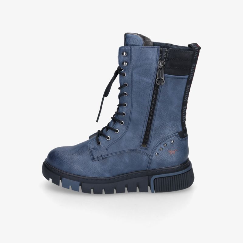 Robuster blauer Schnürstiefel mit Reißverschluss, rutschfester Sohle und modernem Design seitlich dargestellt