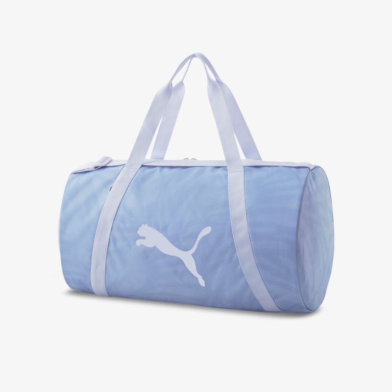 Blaue PUMA Sporttasche mit robusten weißen Trägern und markantem Logo für vielseitige Nutzung. Praktisches Design.
