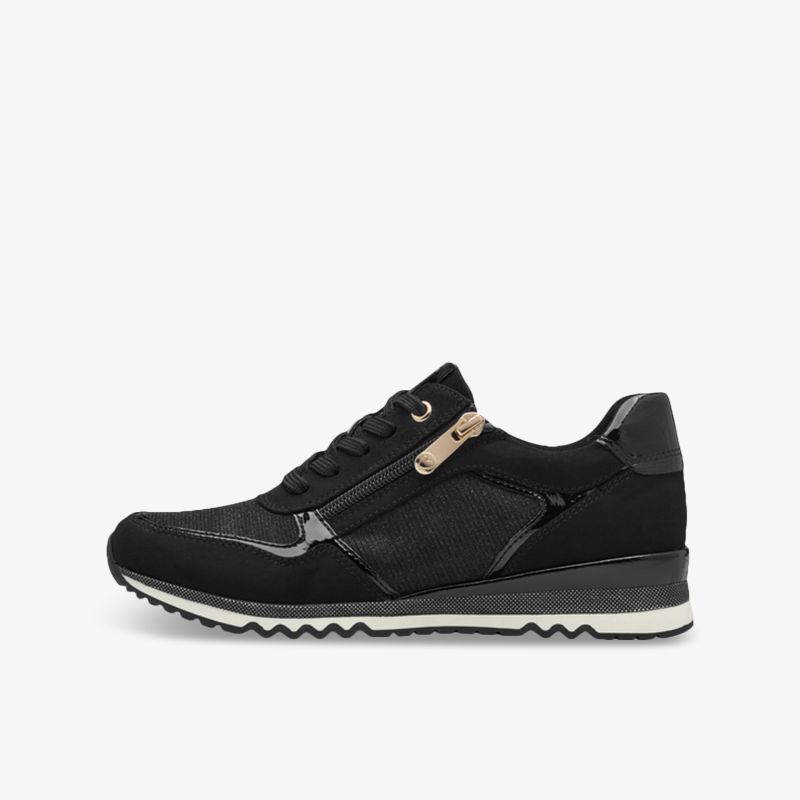 Seitliche Ansicht eines schwarzen Sneakers mit sportlichem Design, leichter Bauweise und rutschfester Sohle