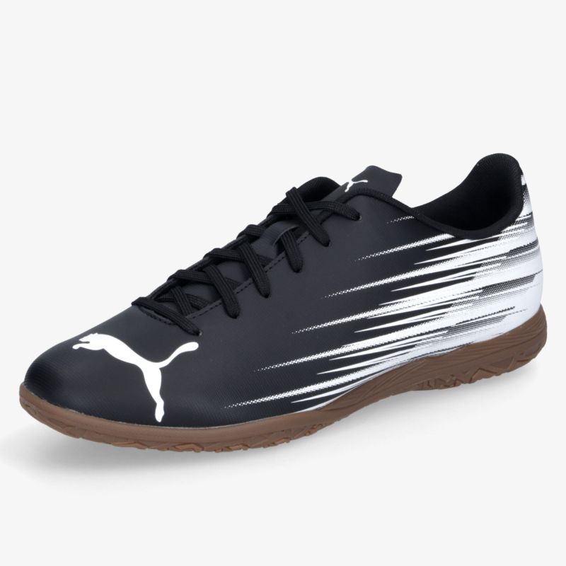 Schwarzer Sportschuh mit weißem Muster und robuster brauner Sohle, seitliche Ansicht, leichte und flexible Konstruktion