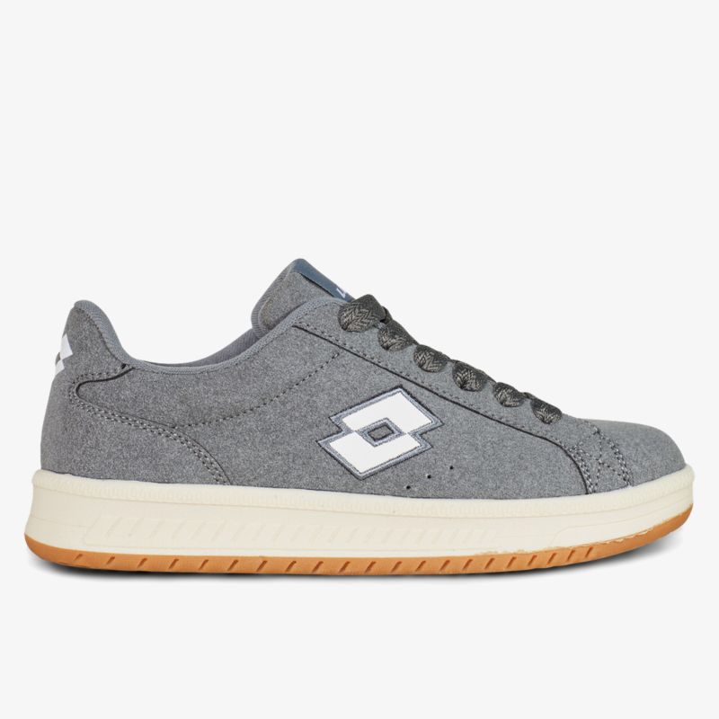 Seitliche Ansicht eines grauen Schuhs mit bequemer Sohle und sportlichem Design