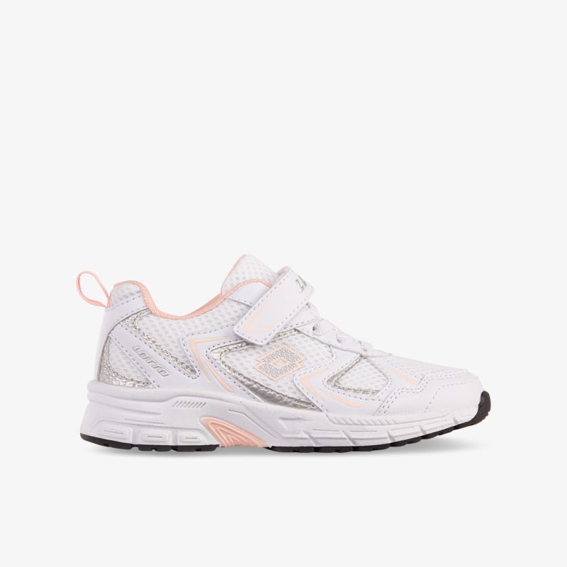Leichter weißer Sneaker mit atmungsaktivem Material und praktischem Klettverschluss, seitliche Ansicht