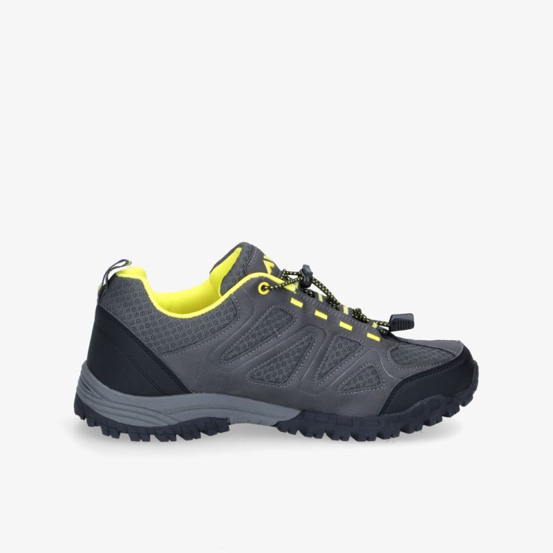 Grauer Outdoor-Schuh mit gelben Akzenten und stabiler Sohle, ideal für Trekking und anspruchsvolle Gelände.