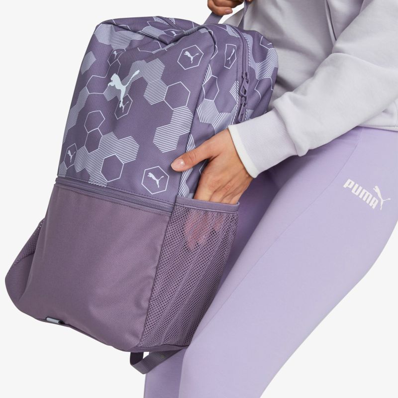 Moderner lila Sport-Rucksack mit hexagonalem Muster und Logo. Praktisch, stylisch und vielseitig einsetzbar.