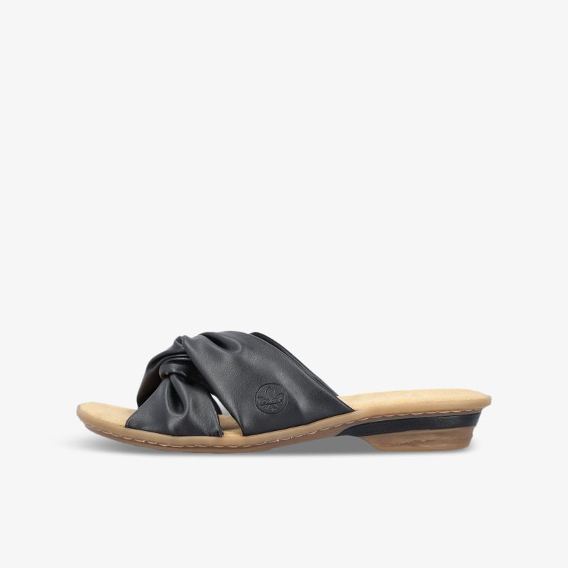 Elegante schwarze Sandalen mit Knotendetail und niedrigem Absatz, ideal für Komfort und Stil.